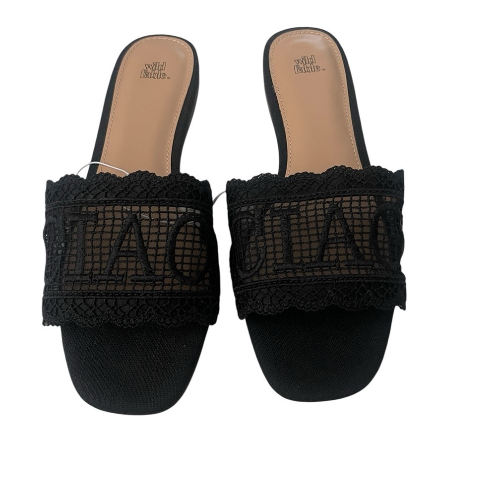 Wild Fable Women's Josephina Lace Flat Sandals Black 8 Slip-On Memory Foam - Picture 2 of 3